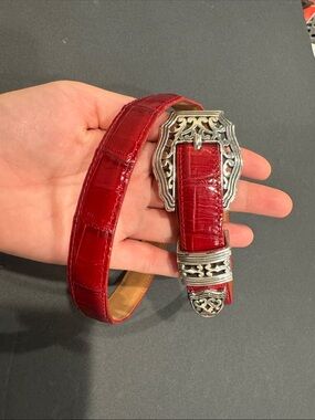 Vintage Brighton Red Croc-Embossed Leather womens Belt with Ornate Silver Buckle